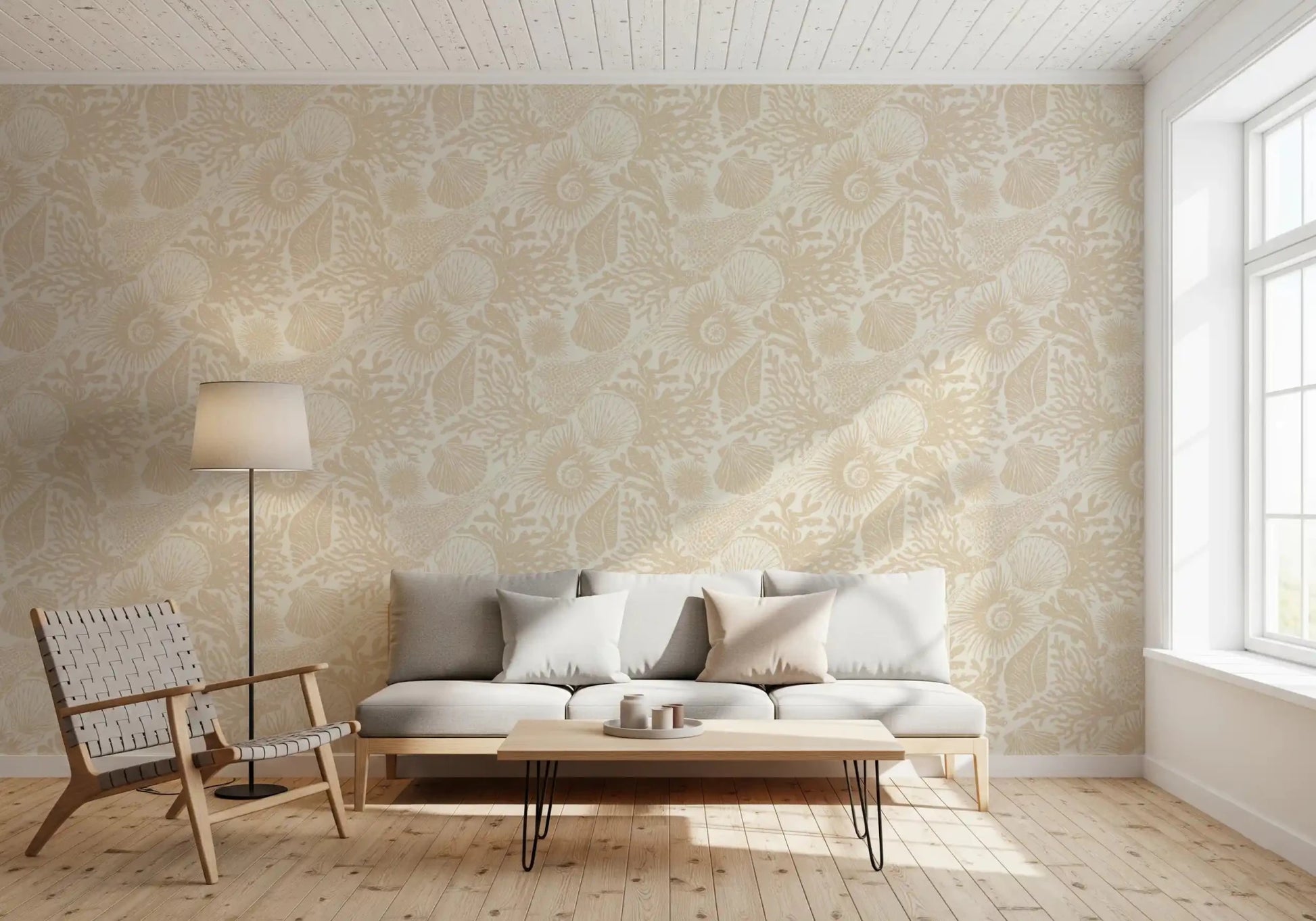 Linen weave runs beneath Boho Seashell Sand wallpaper for a soft tactile feel.⁠GD9549