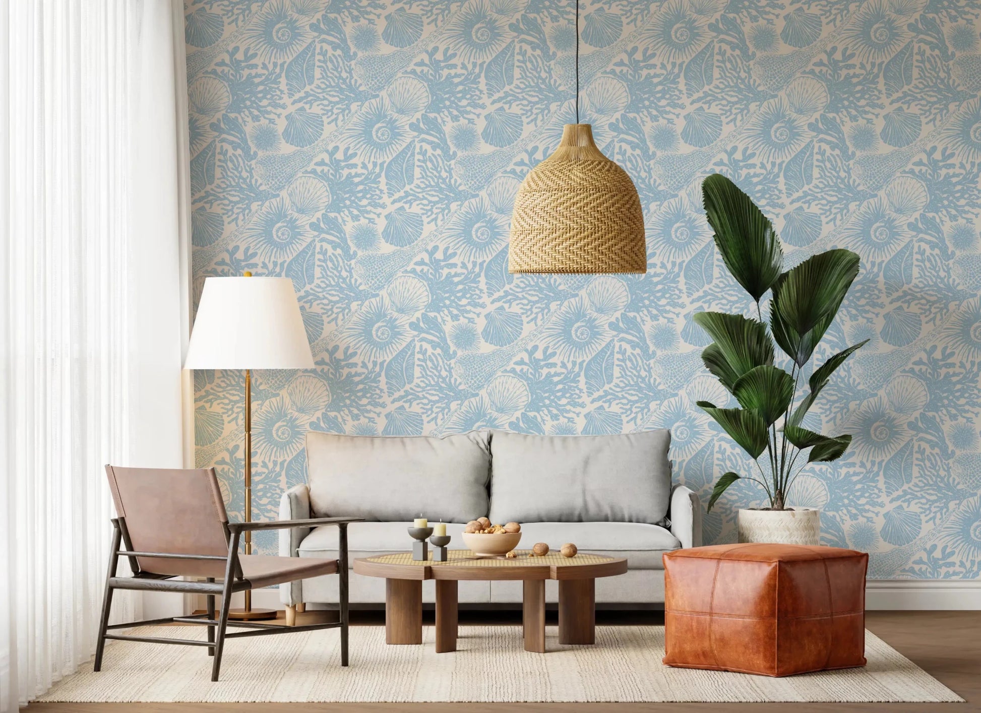 Light blue linework brings sea life forward on Boho Seashell Coral wallpaper.GD9543