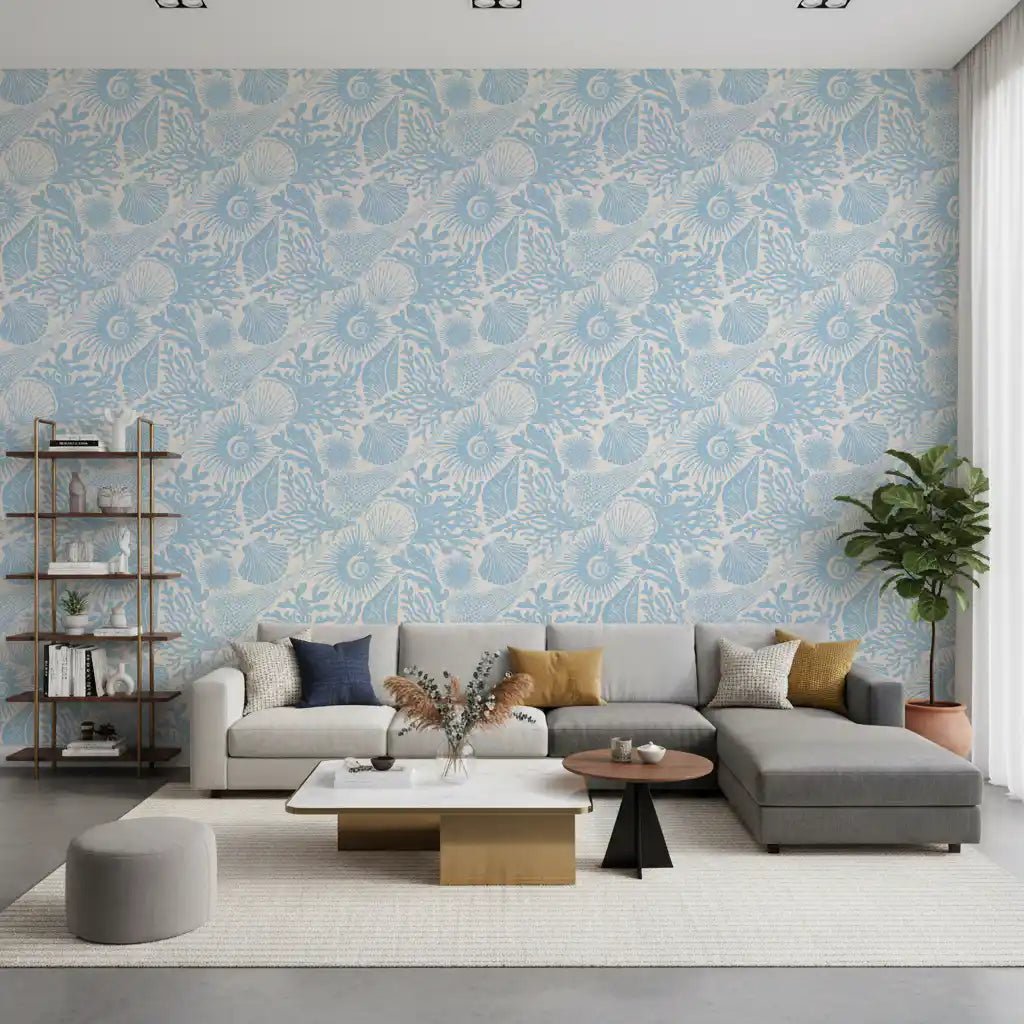 Reef textures spread across a sitting room with Seashell Coral Soft Blue wallpaper.GD9543