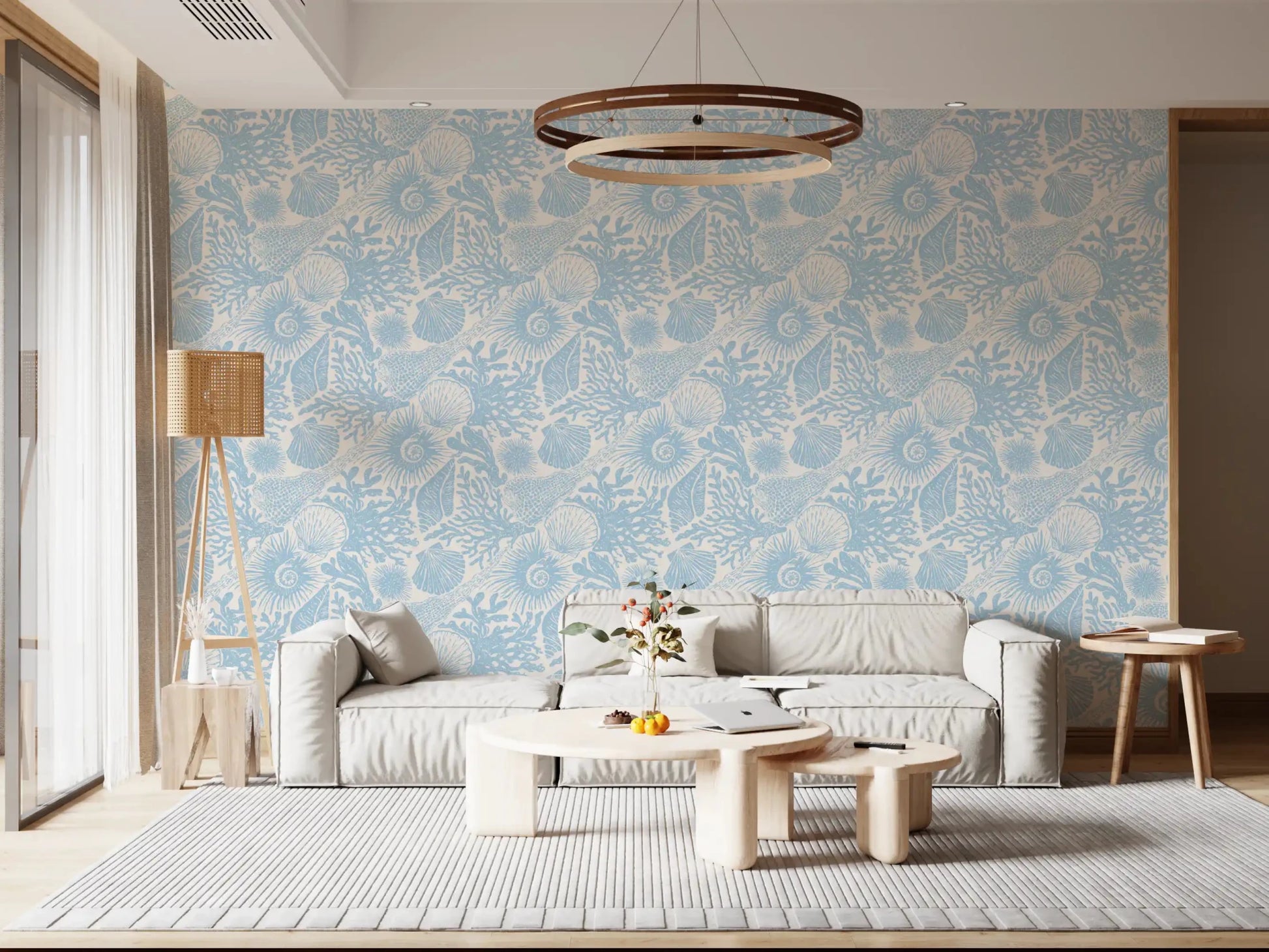 Coral, kelp, and shells sit packed yet balanced across Boho Soft Blue wallpaper.GD9543