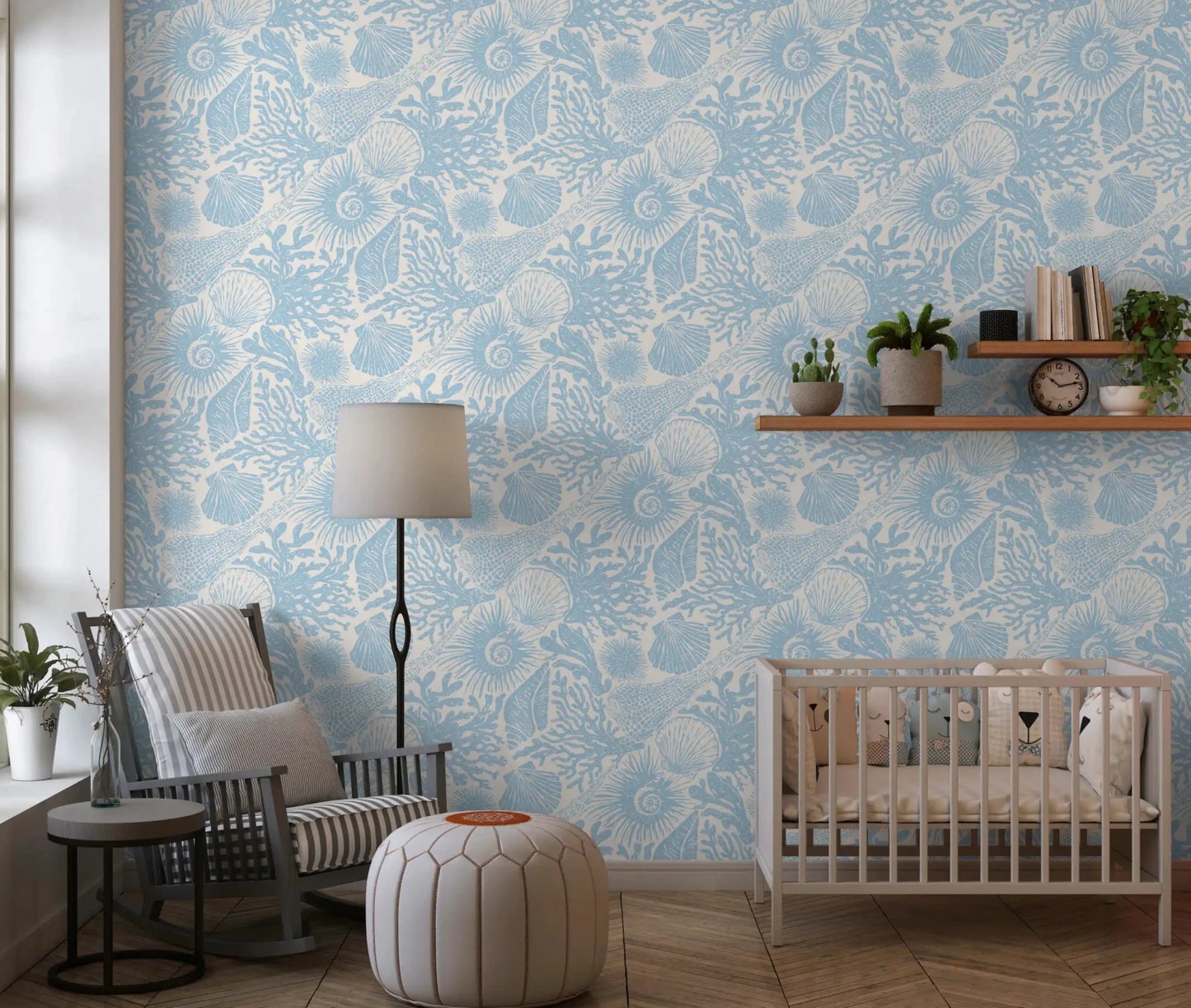 Pen-style detailing builds the marine pattern of Seashell Coral Soft wallpaper.GD9543