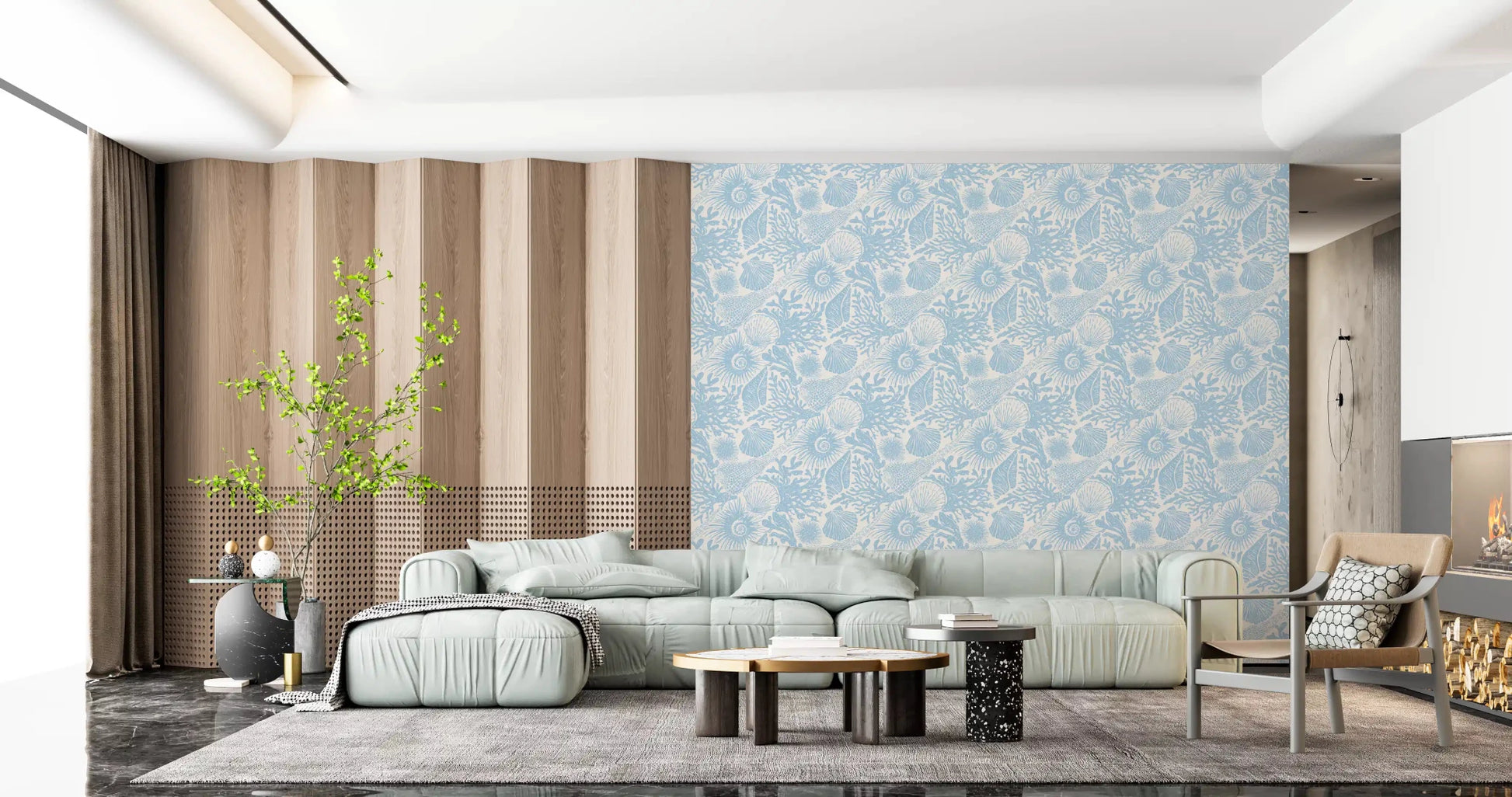 Ivory and sky blue frame a living room through this Boho Coral Soft Blue wallpaper.GD9543