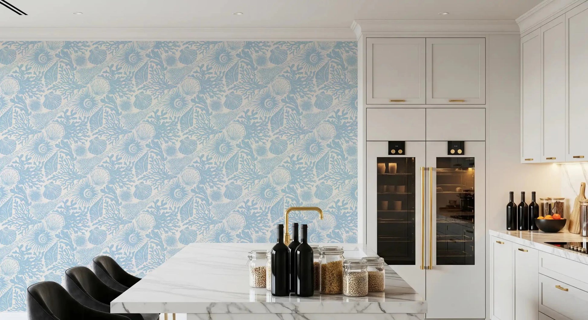 Tiny canvas weave runs under the ivory backdrop of Boho Seashell wallpaper.GD9543