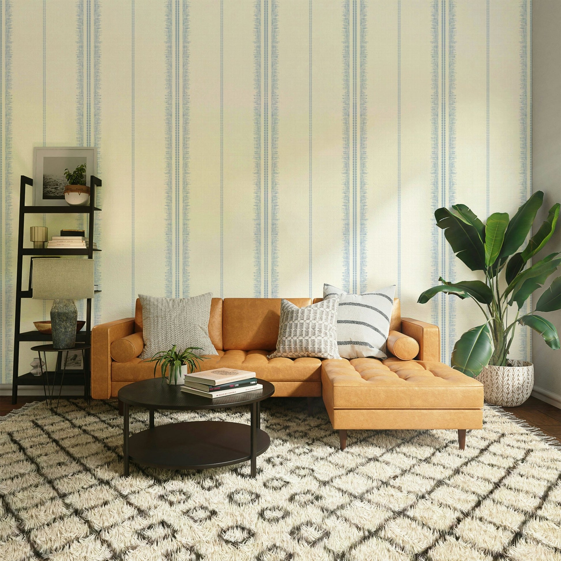 Boho-inspired linen wallpaper with subtle blue stripes.

