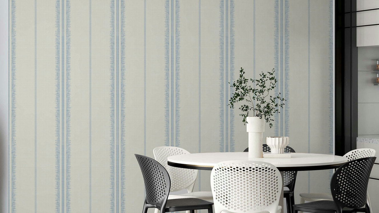 Sky blue linen wall covering with a soft boho stripe pattern.

