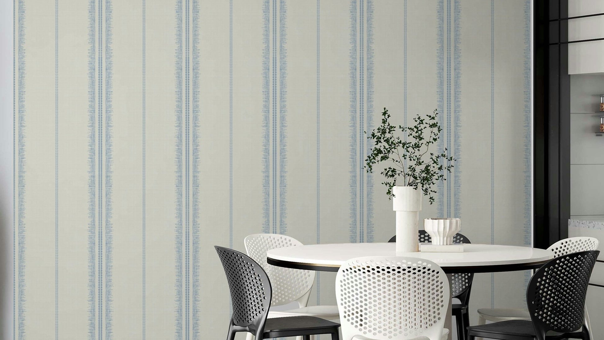 Sky blue linen wall covering with a soft boho stripe pattern.

