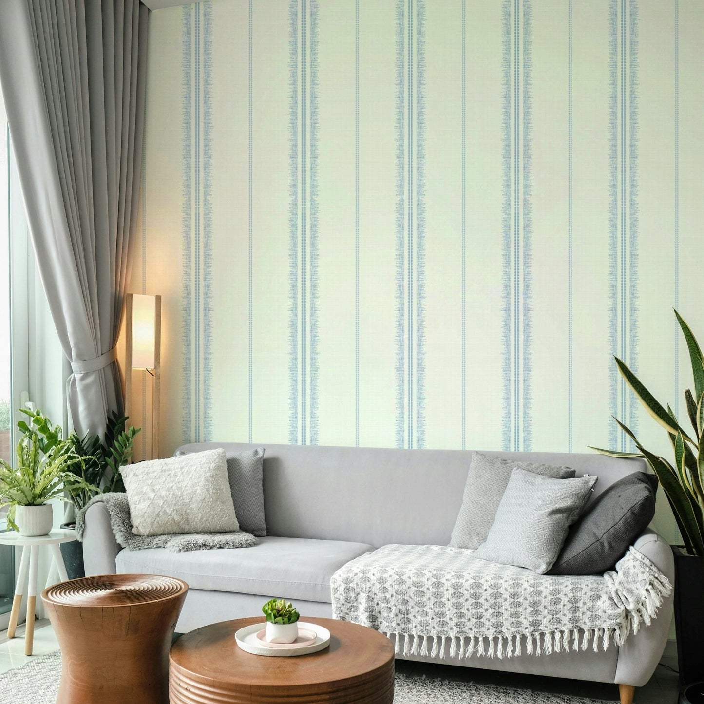 Relaxing boho stripe wallpaper in linen and sky blue.

