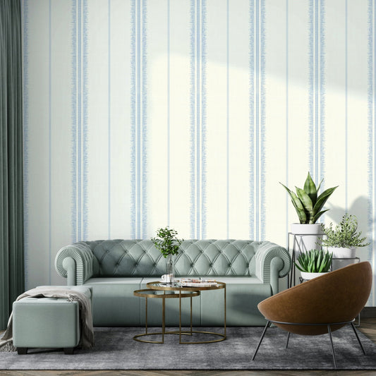 Sky blue linen wallpaper with boho stripe design.

