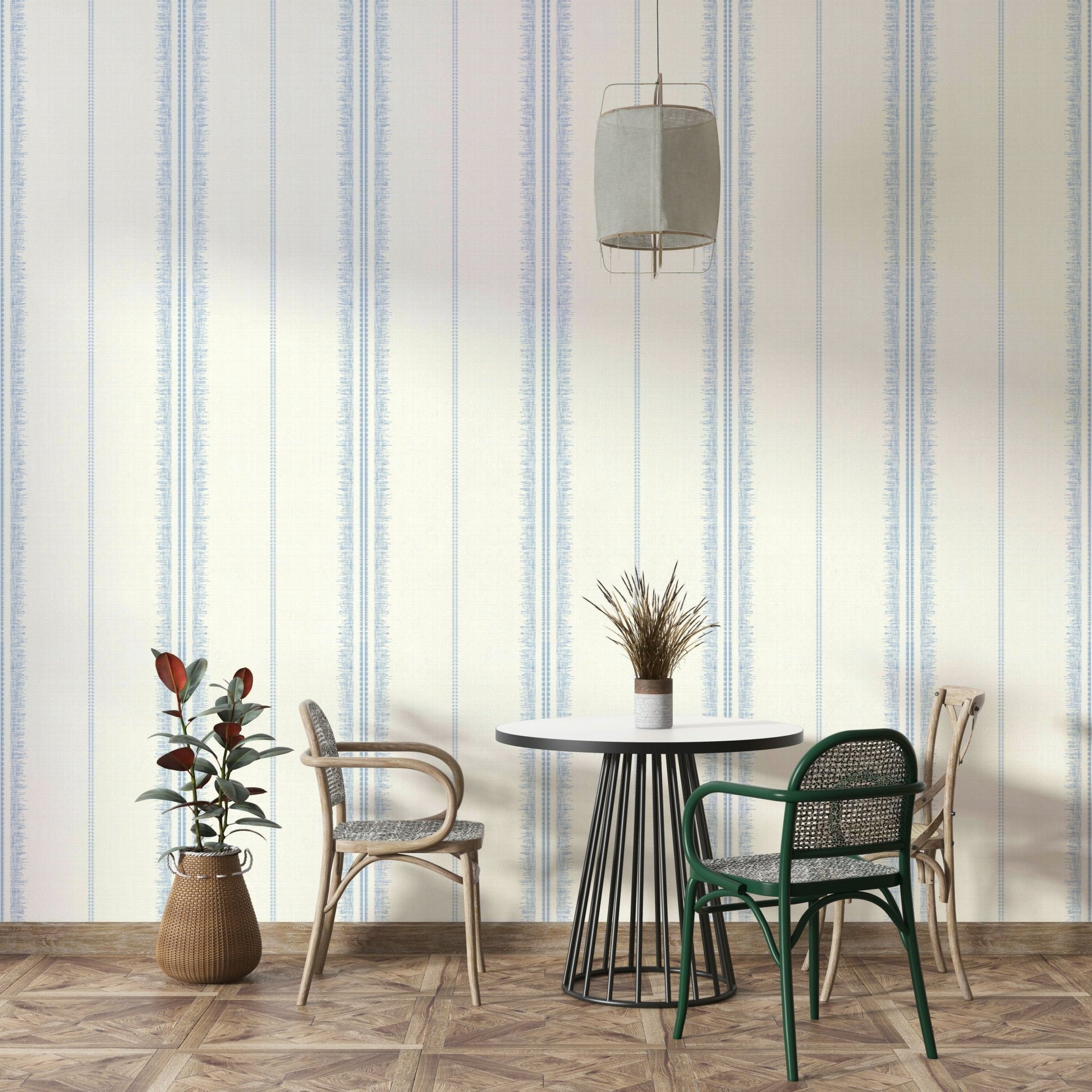 Cozy and calm boho linen wallpaper with sky blue stripes.

