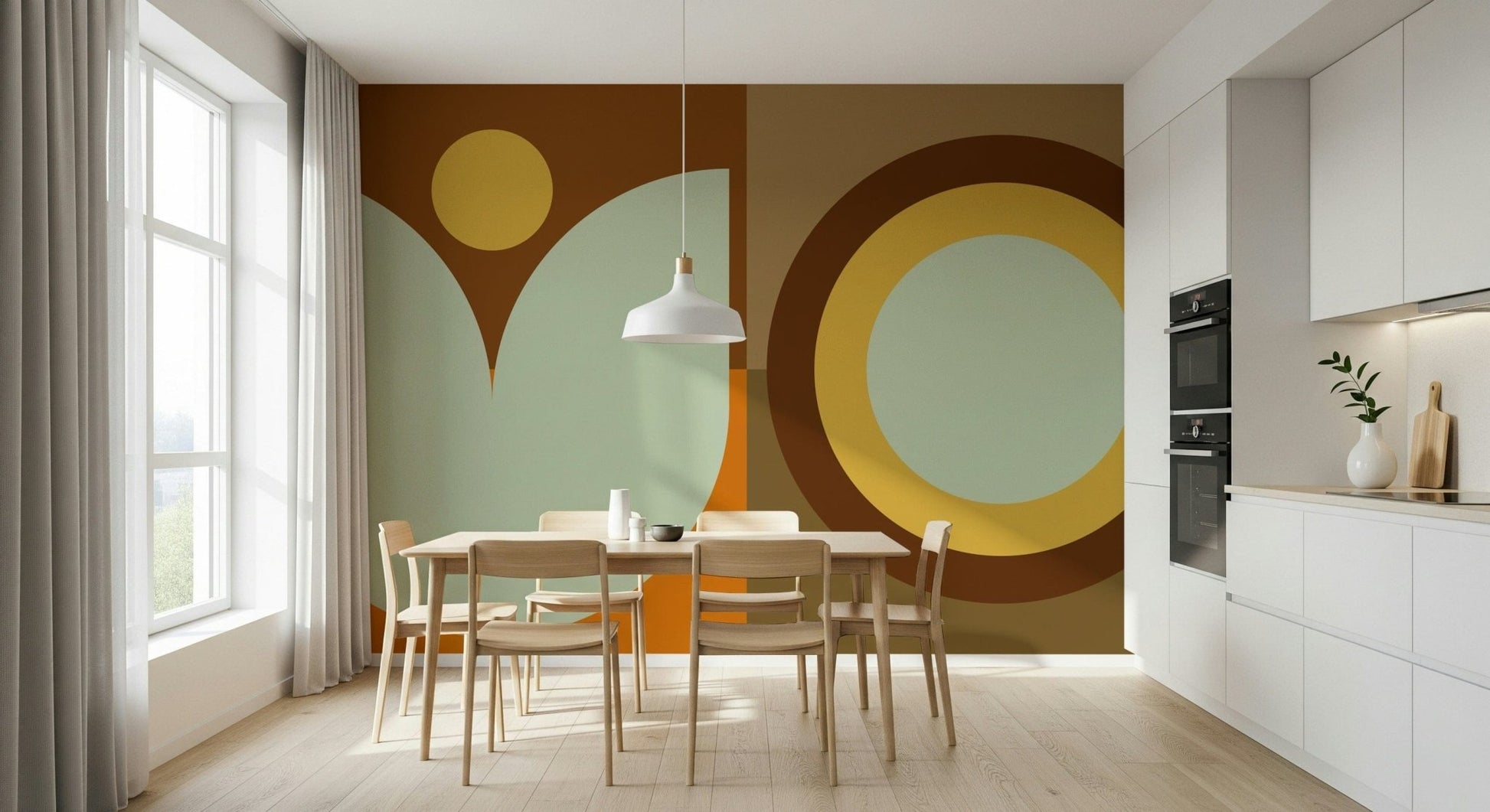 Celestial peel and stick wallpaper with sun and moon design brightening a bedroom.

