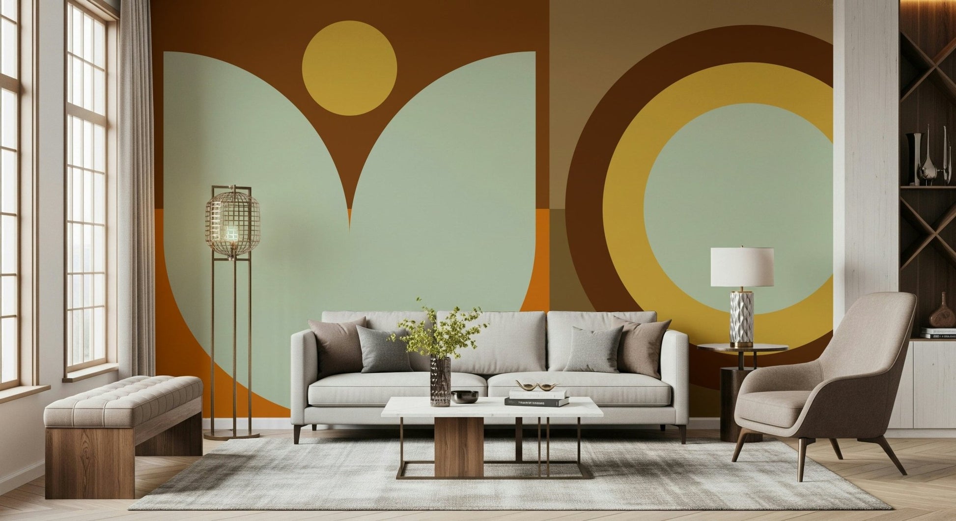 Artistic boho mural featuring phases of the moon in a modern living space.

