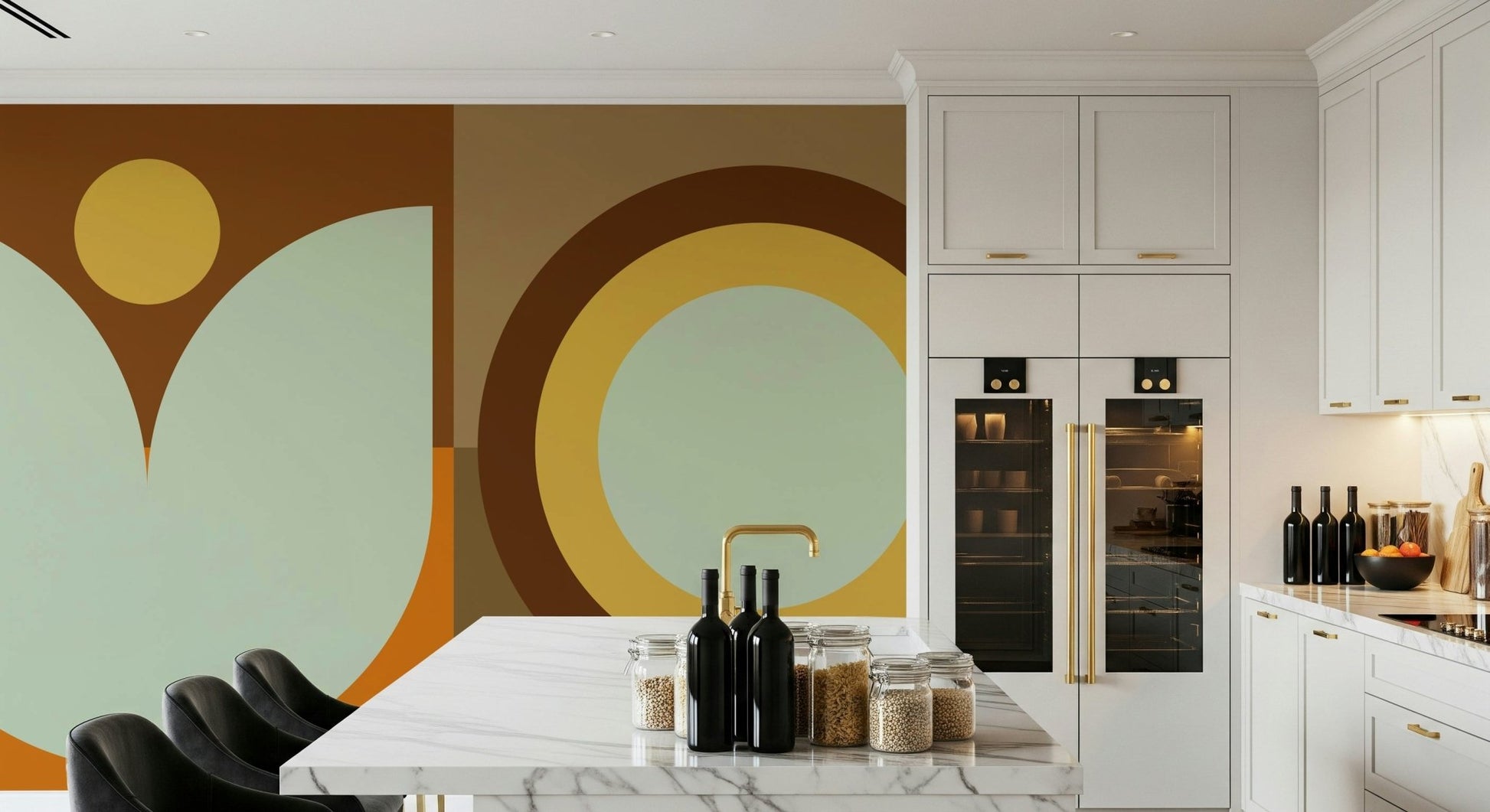 Nursery with whimsical sun and moon peel and stick mural above crib.


