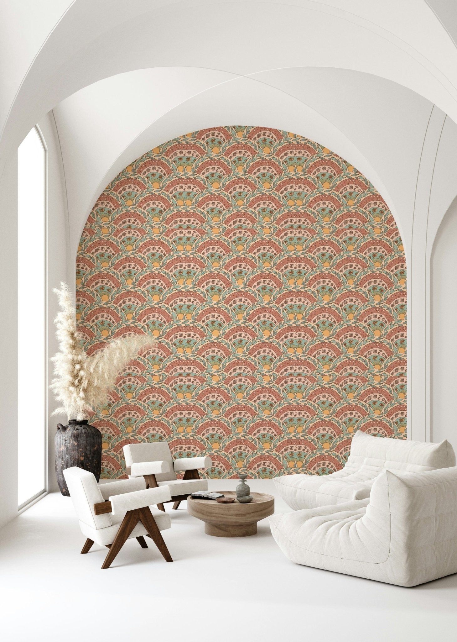 Flummoxed peel and stick wallpaper, Boho Sunburst Bloom Uncanny Foliage.