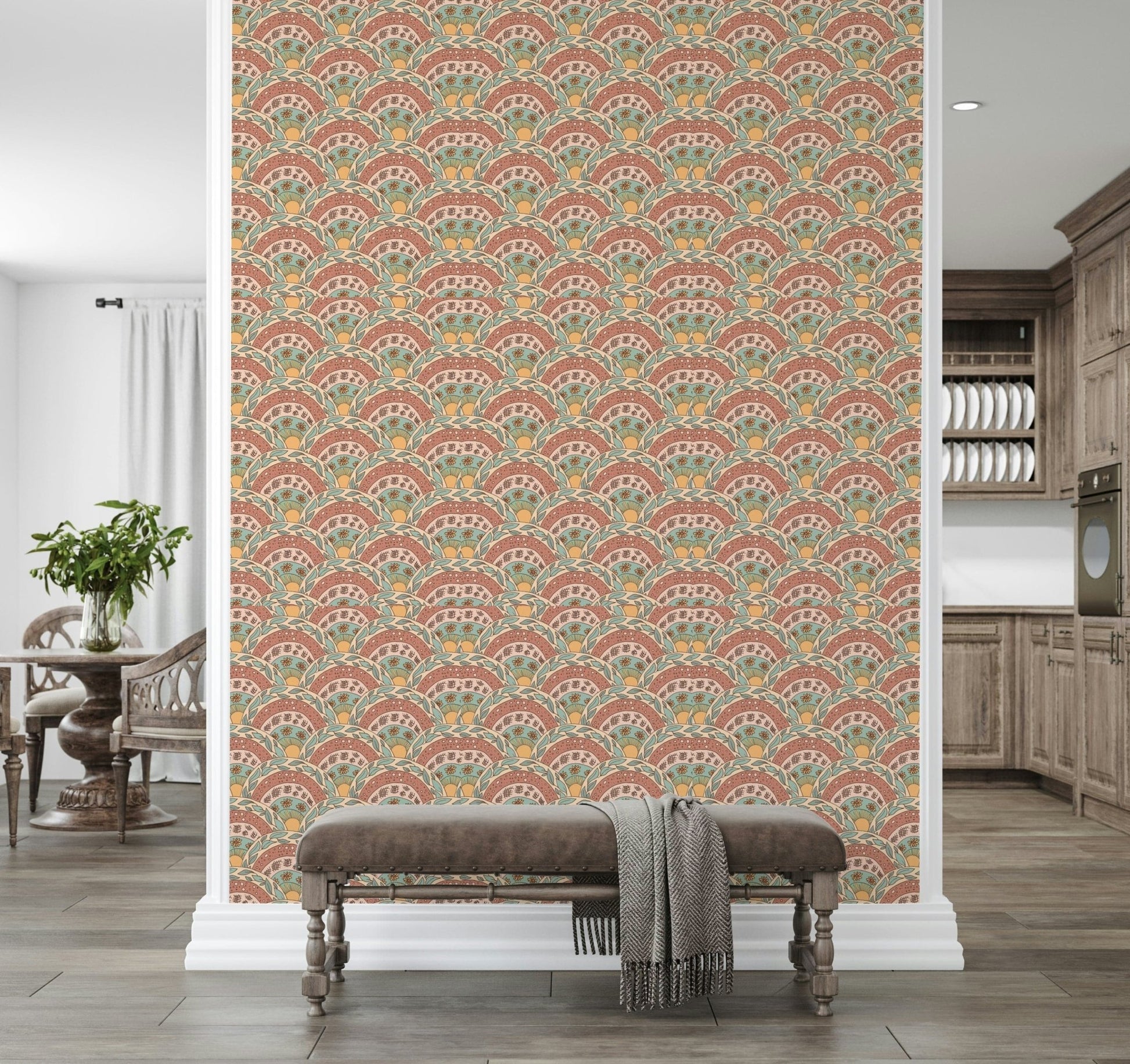 Quixotic peel and stick wallpaper, Boho Sunburst Bloom Floral Design.