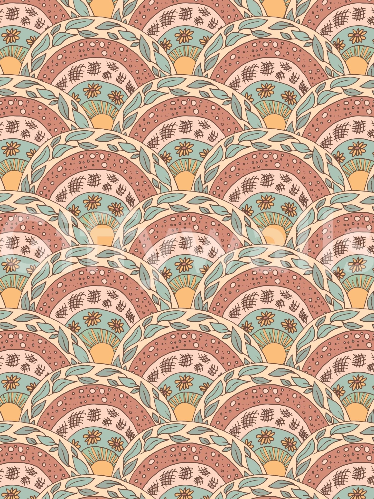 Zany Boho Sunburst Bloom Wall Mural, Nonchalant Contemporary Style.