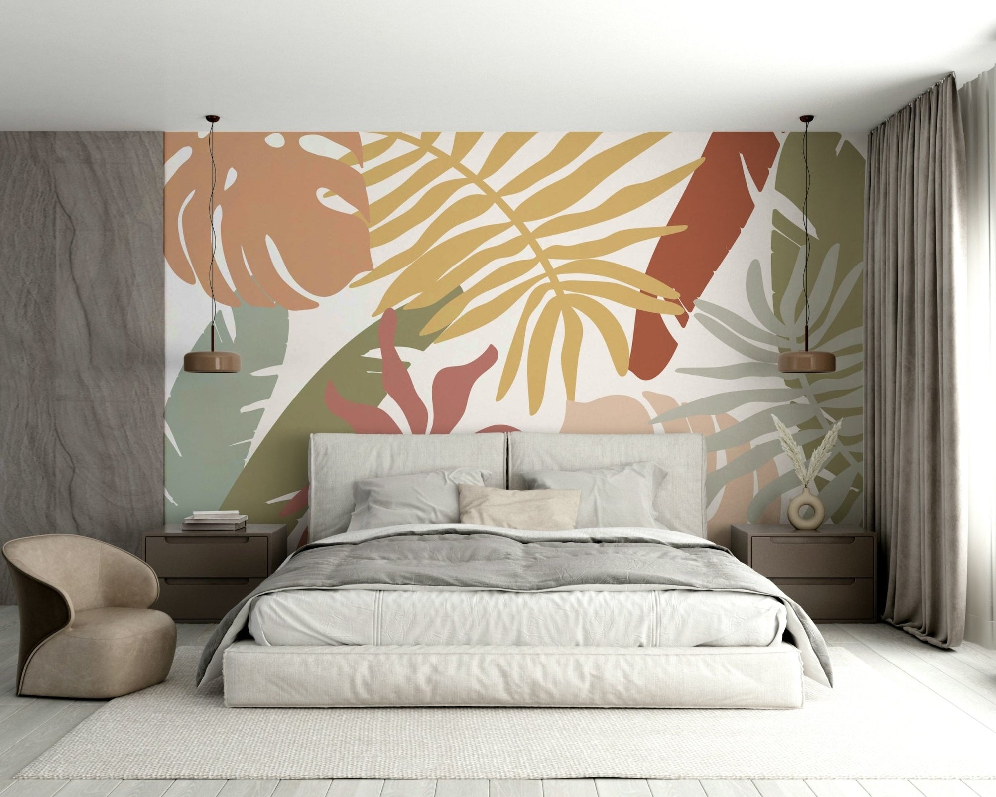 Boho Tropical Leaves Wall Mural with soft earthy plant art GD5093