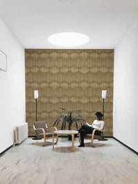 The wallpaper is installed in a modern, eclectic living room.

