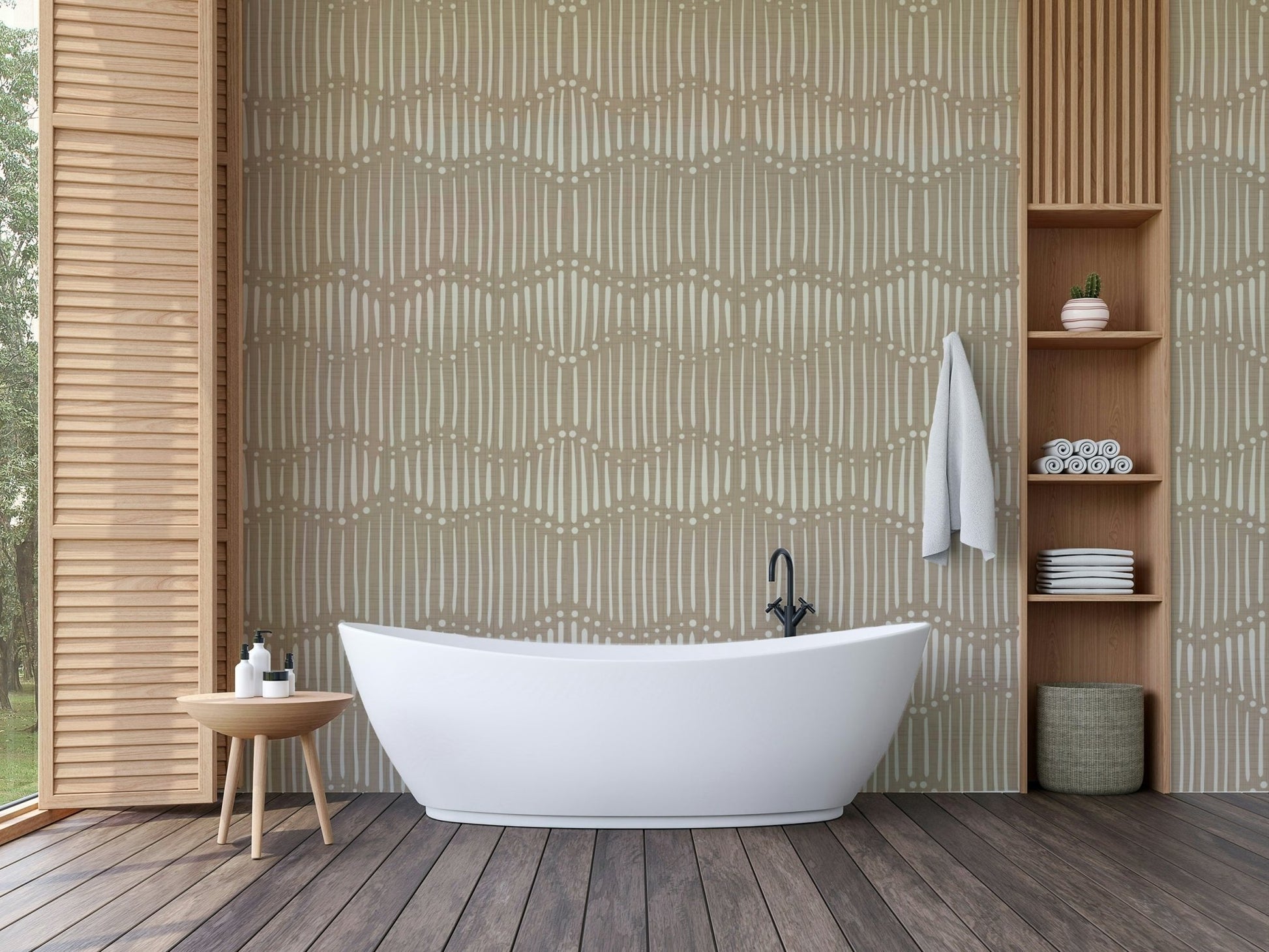 The wallpaper is installed in a modern, eclectic living room.

