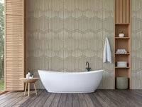The wallpaper is installed in a modern, eclectic living room.

