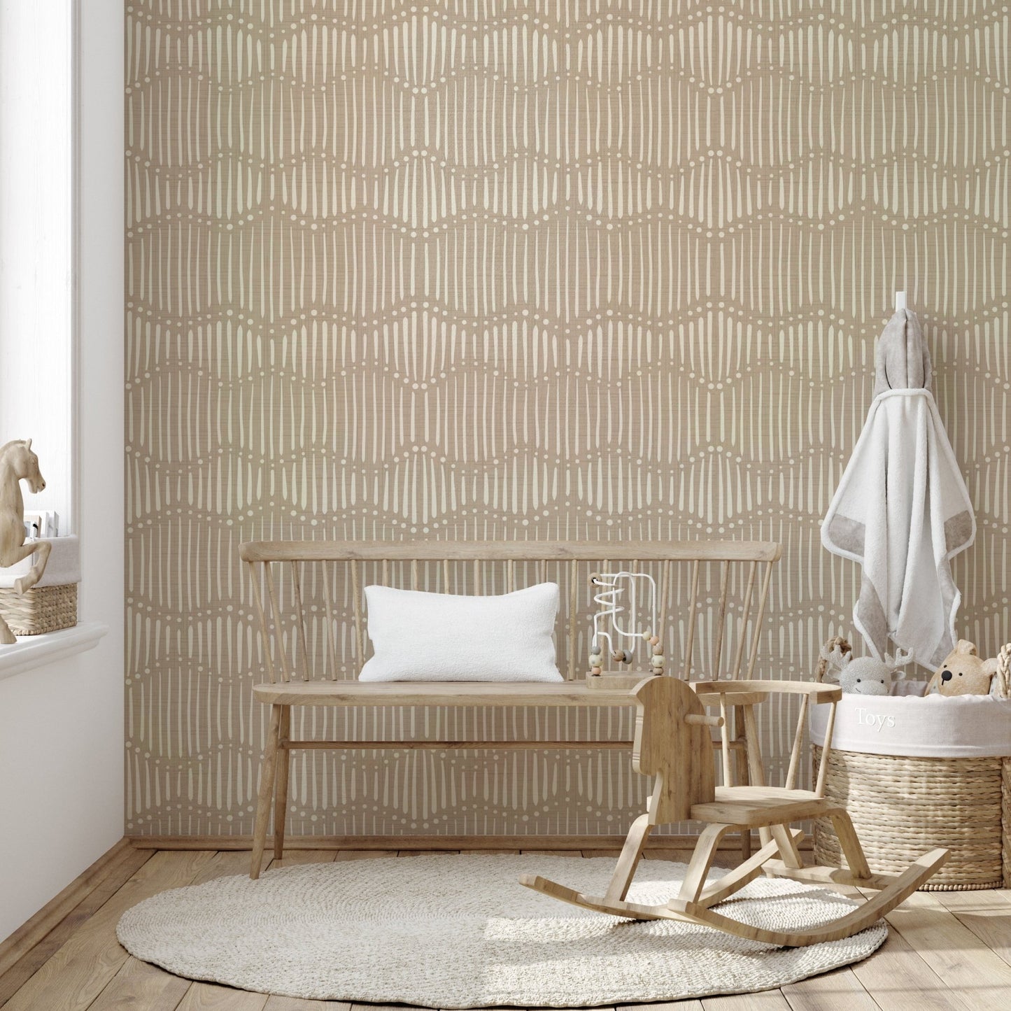The colors are soft and serene, with warm, earthy tones.

