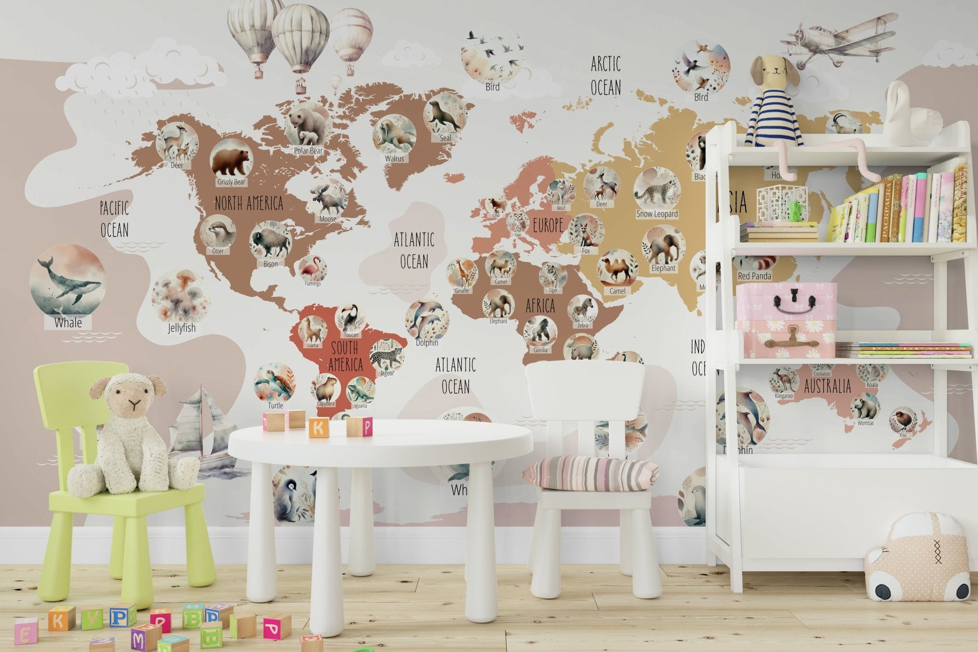 A beautiful, boho world map with cartoon wildlife., GD4605