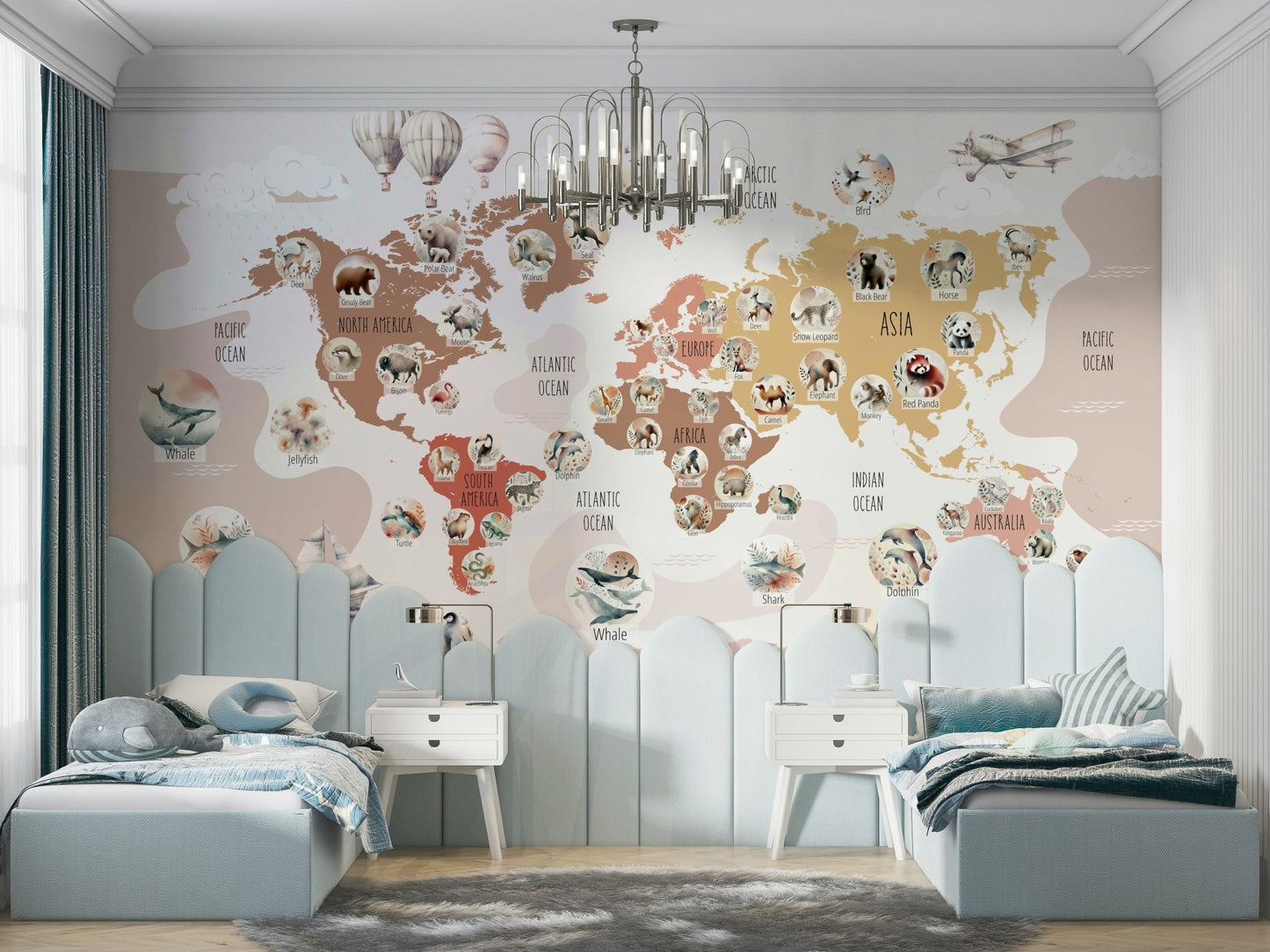 A living room featuring the animal map wall mural.

