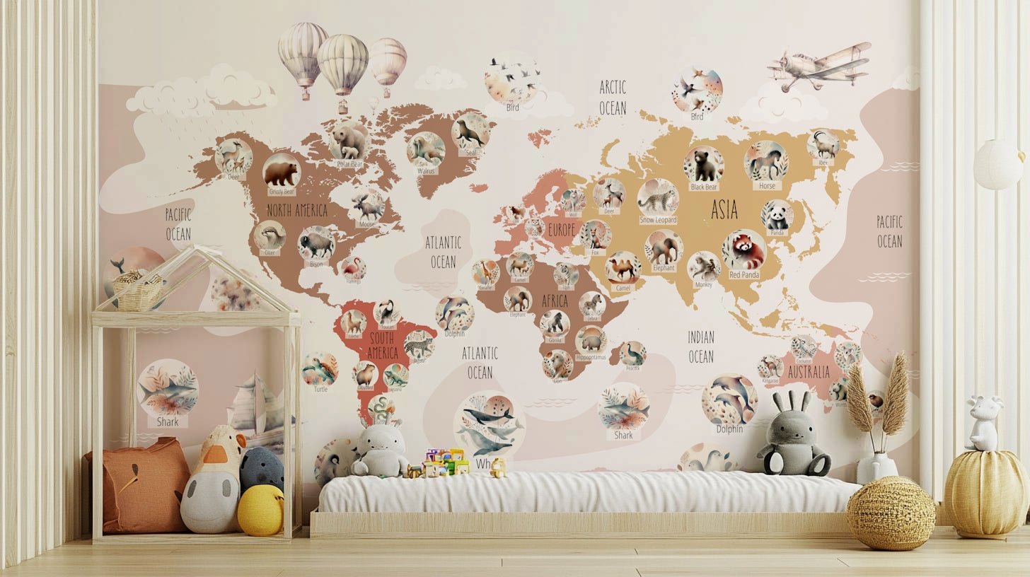 A high-angle view of the wall mural in a large space.

