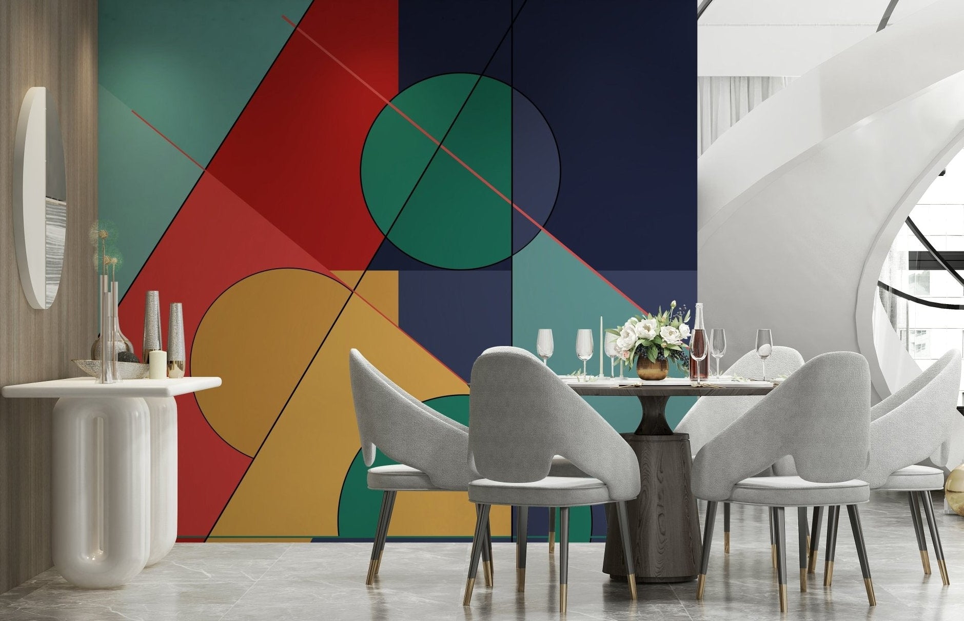Bold Bauhaus Wall Mural gives this dining space a vivid geometric statement, GD7914