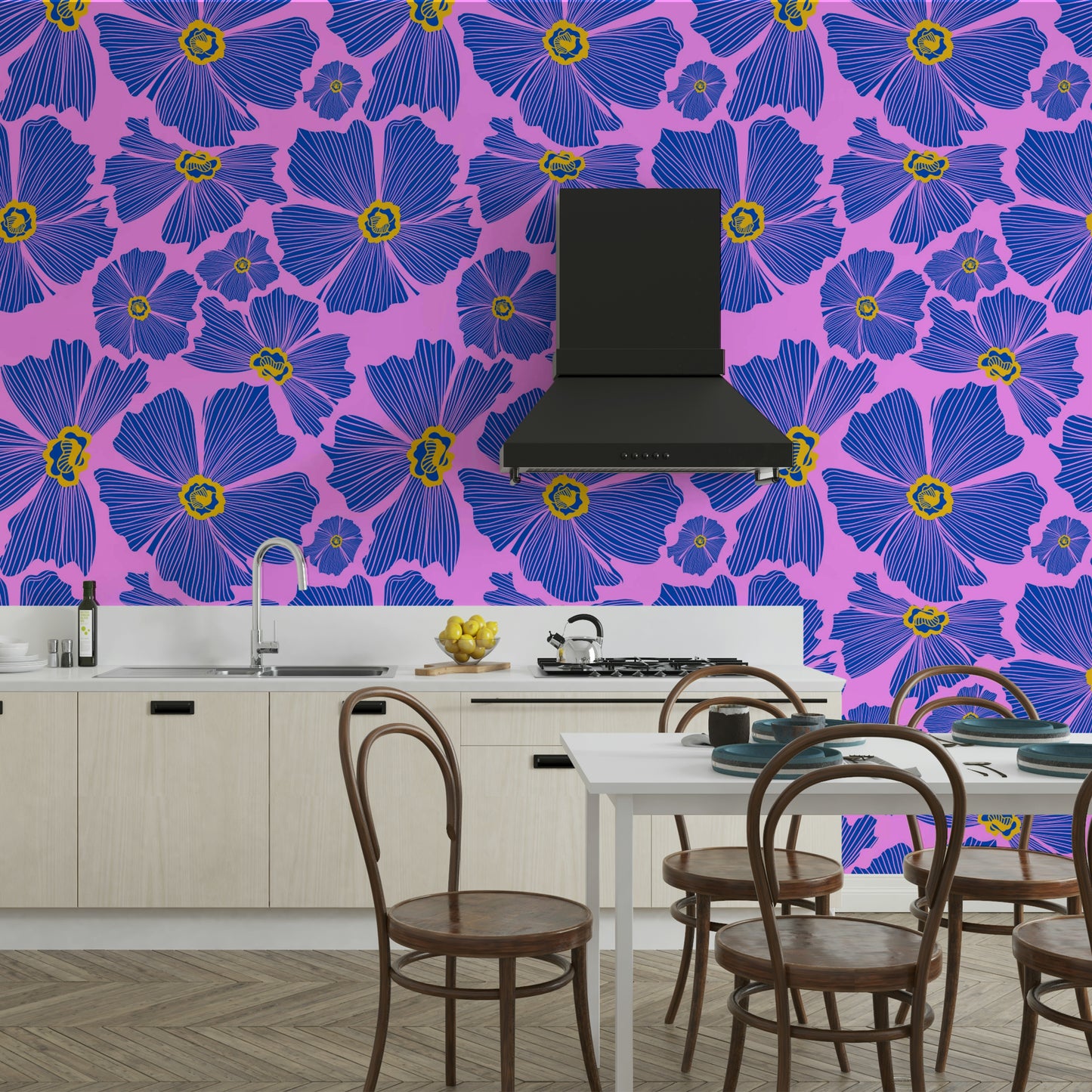 The image shows a repeating pattern of blooming flowers and leaves.

