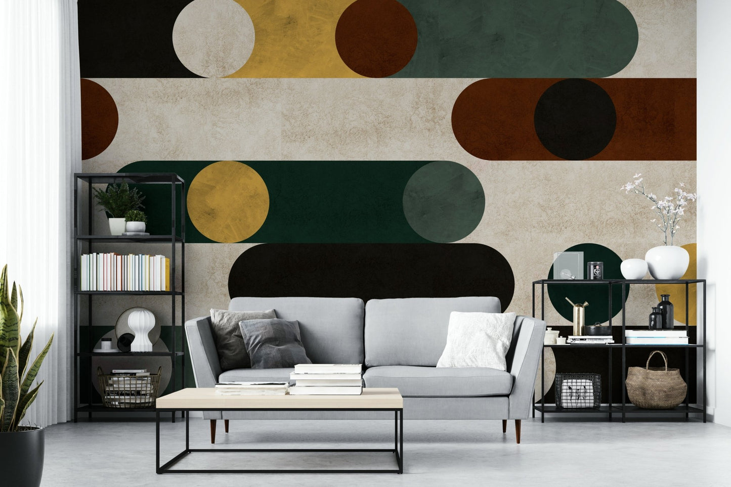 Minimalist mural with strong line and shape contrast

