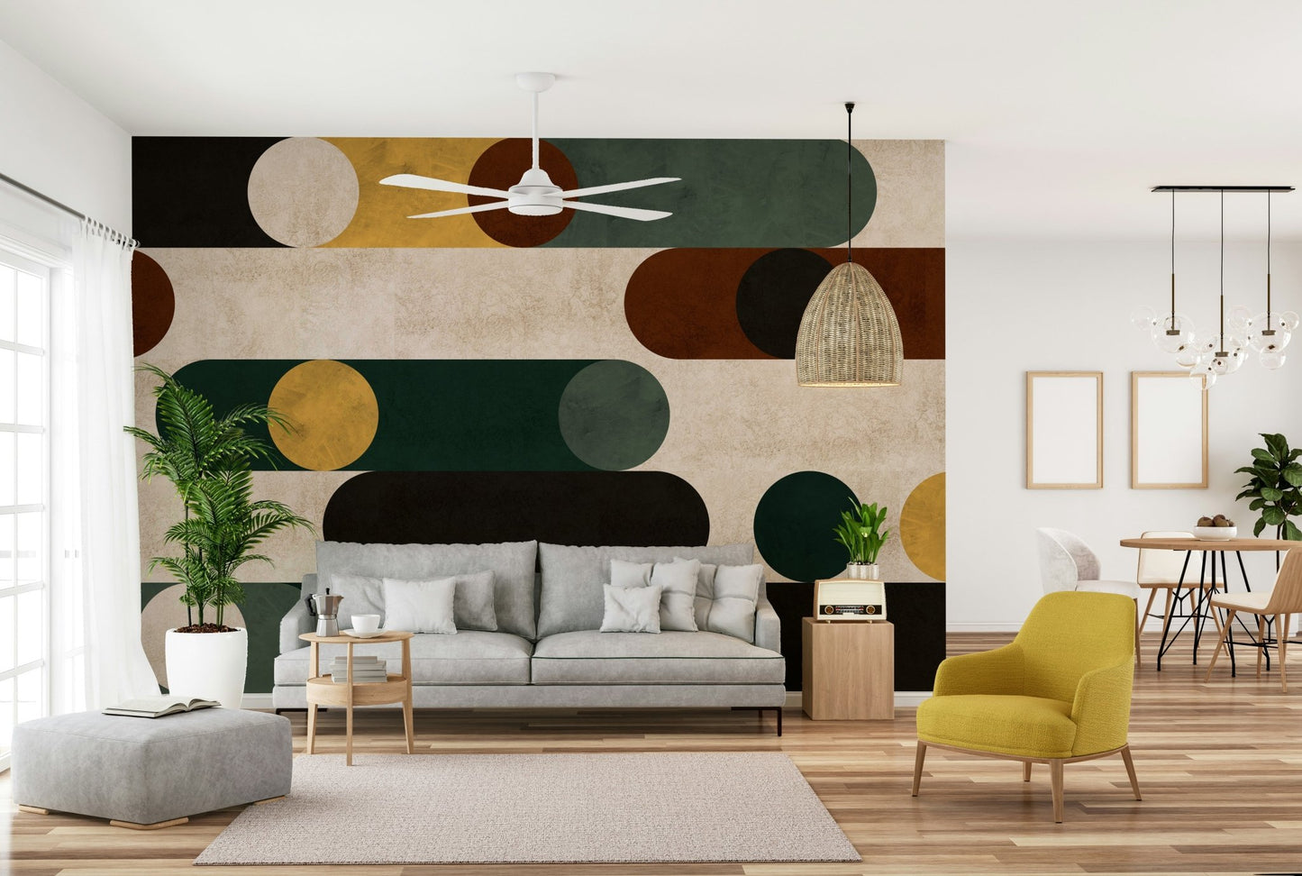 Bold line work and round forms in abstract mural

