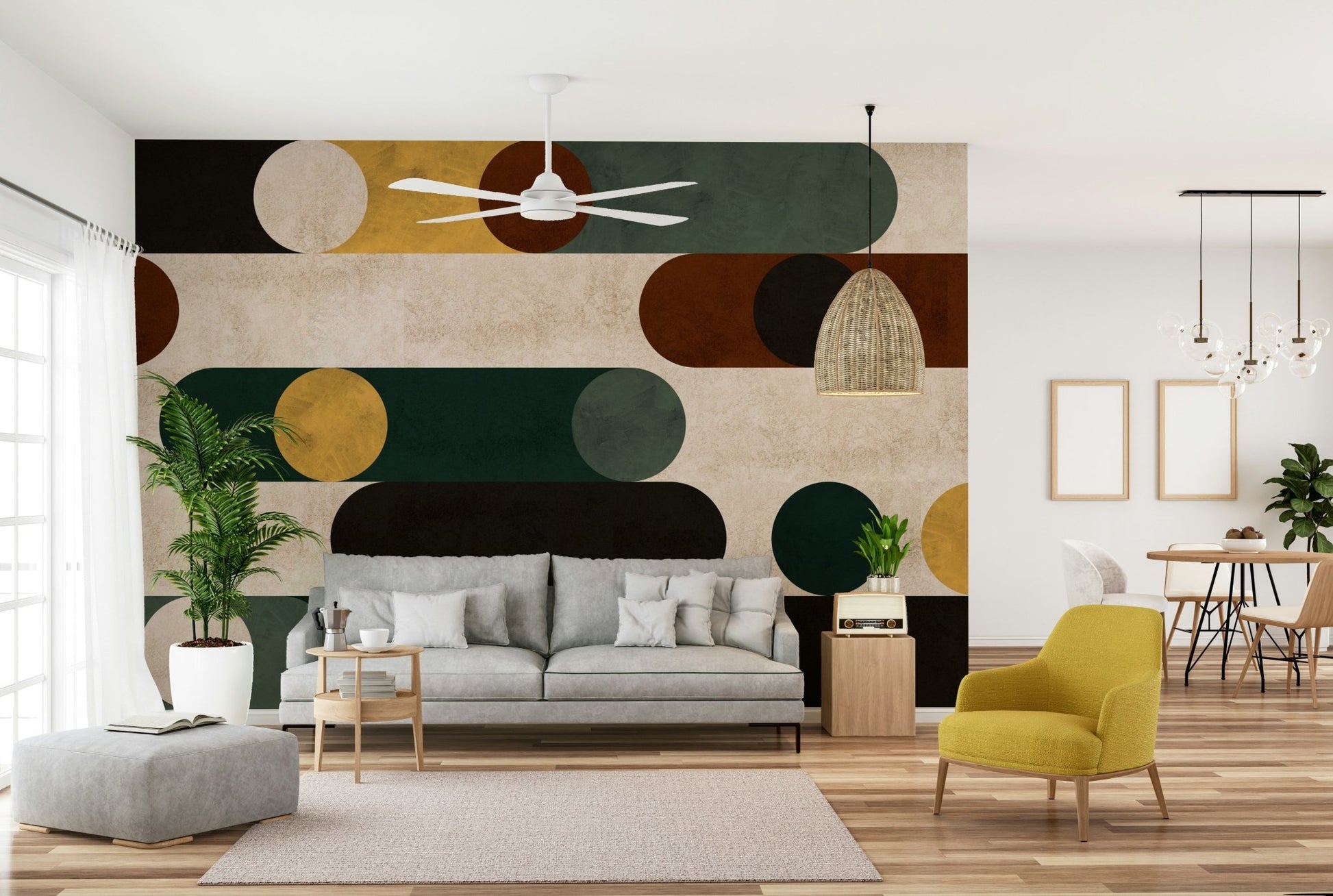 Bold line work and round forms in abstract mural

