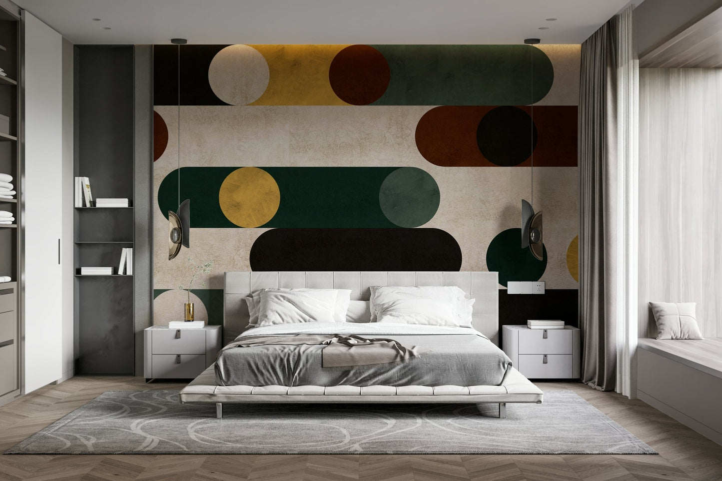 Black and white circle-line mural for interiors

