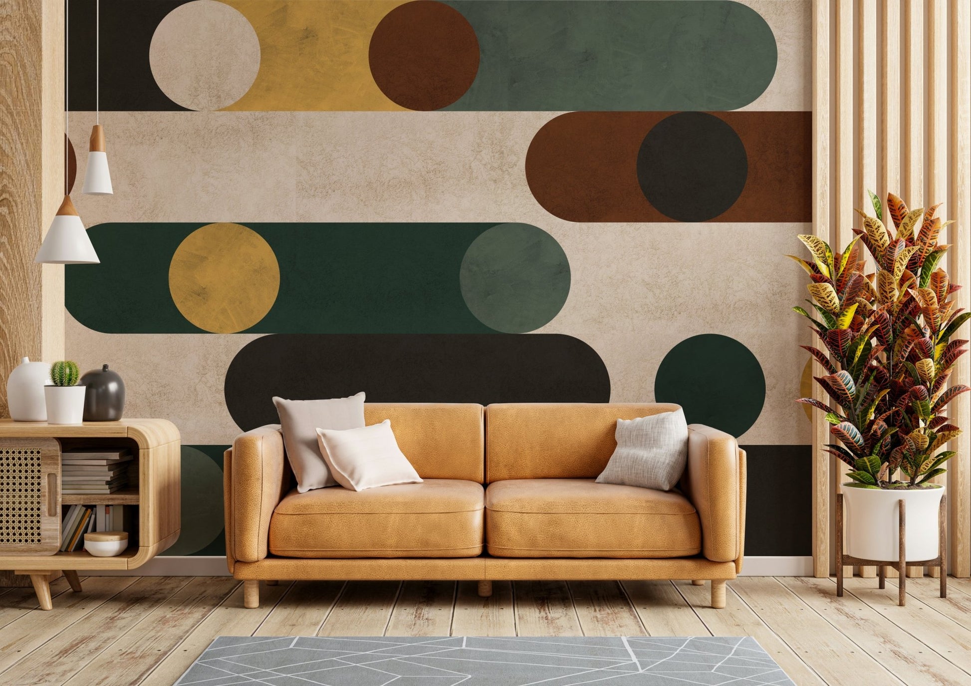 Contemporary wall covering with circles and lines

