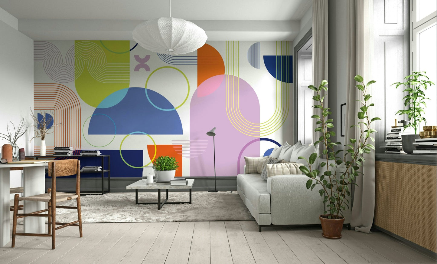 Close-up of vivid geometric pattern mural

