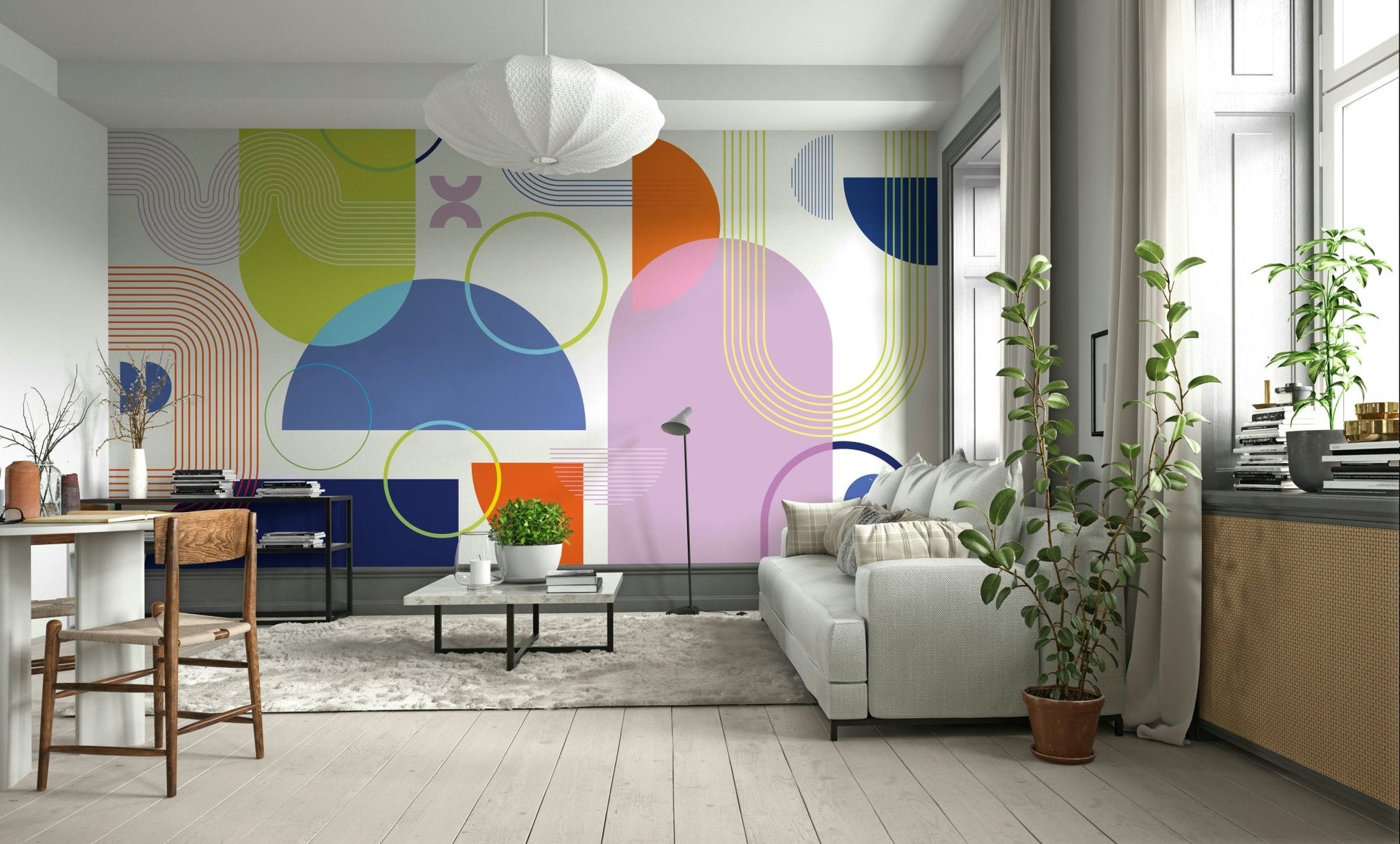 Close-up of vivid geometric pattern mural

