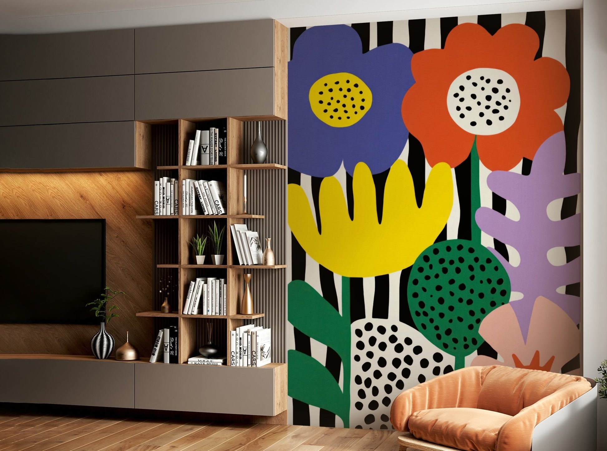 Kids' playroom with bright Matisse-style flower mural, GD2140