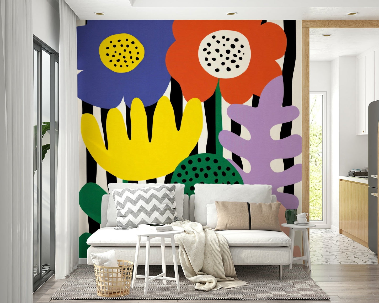 Oversized Matisse-style flowers in vivid primary hues, GD2140