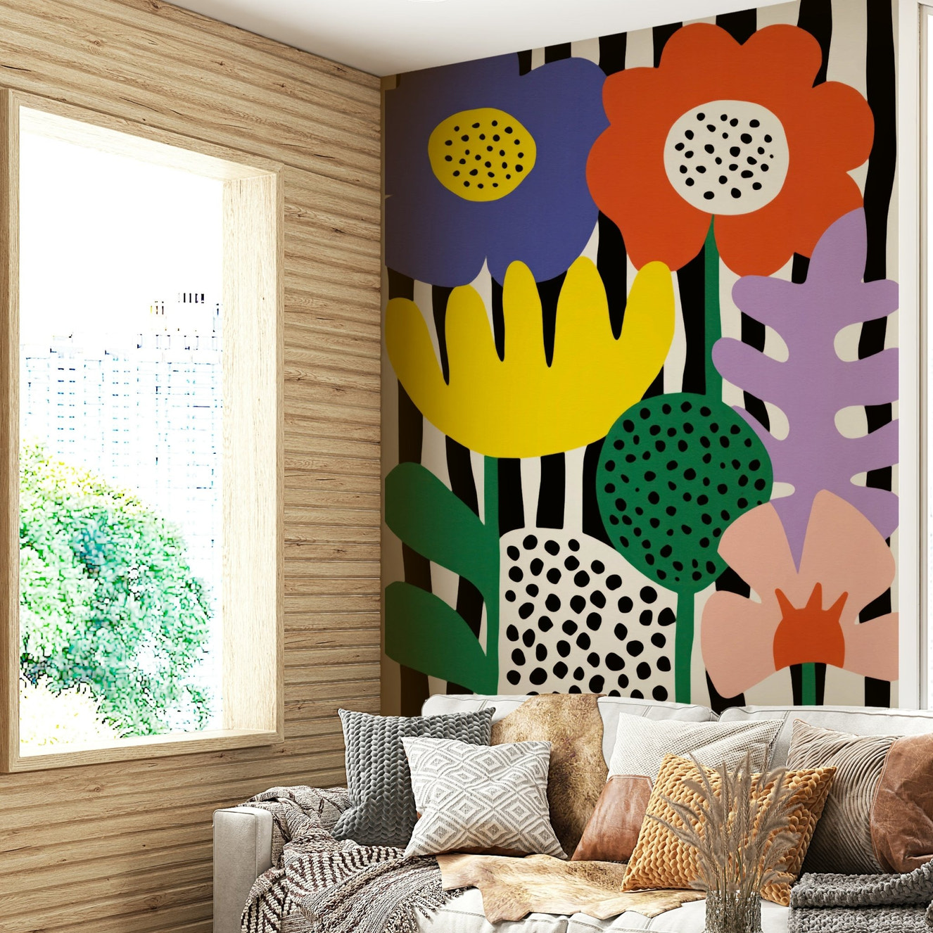 Bold Matisse Bloom mural with vibrant cut-out florals


