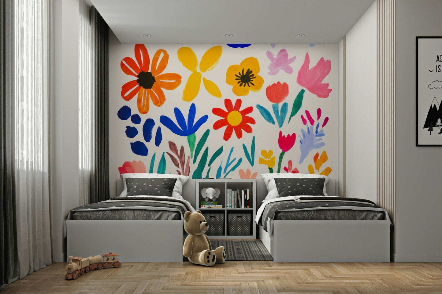 Colorful floral impressions mural with bold organic forms

