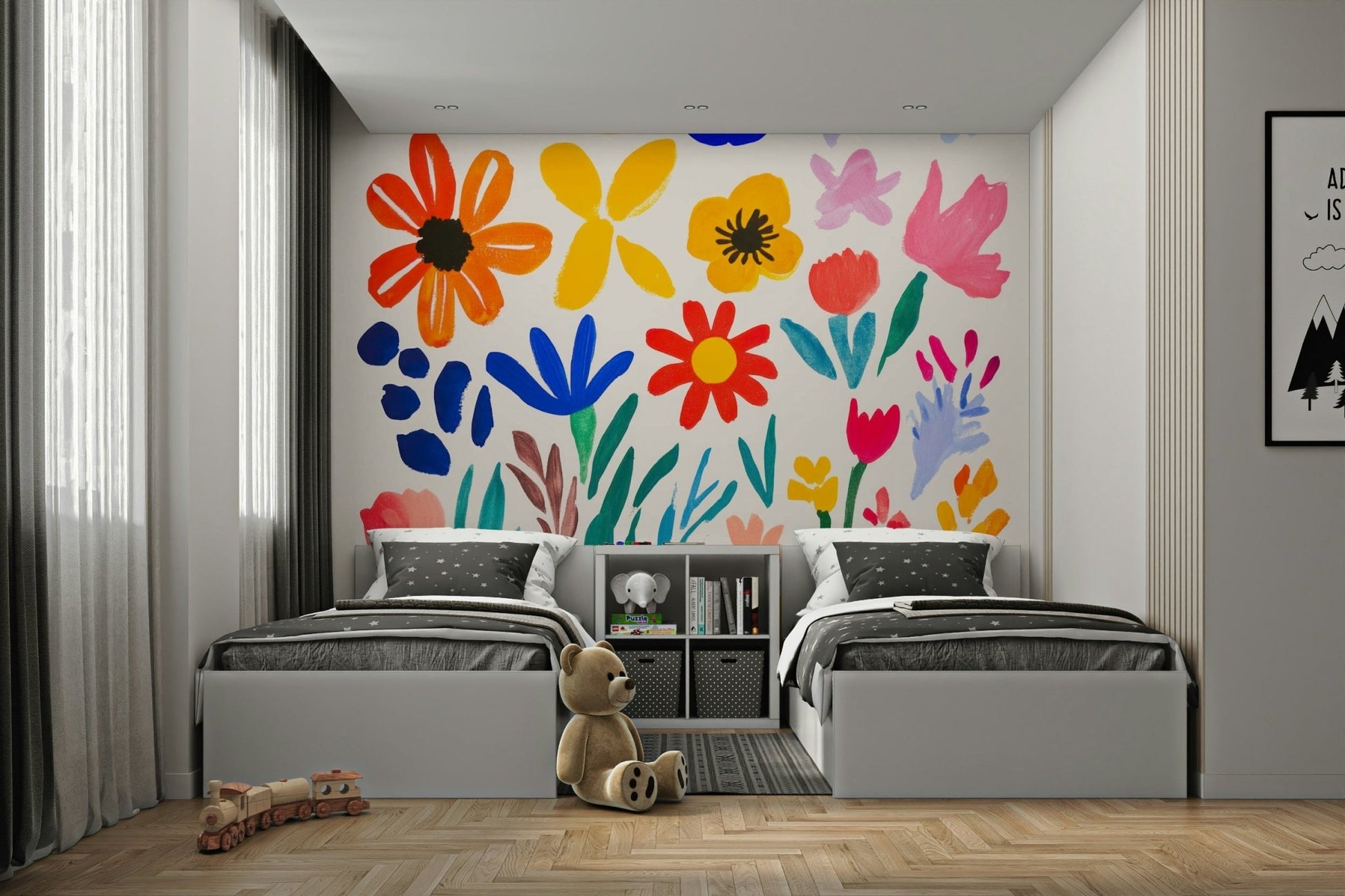 Colorful floral impressions mural with bold organic forms

