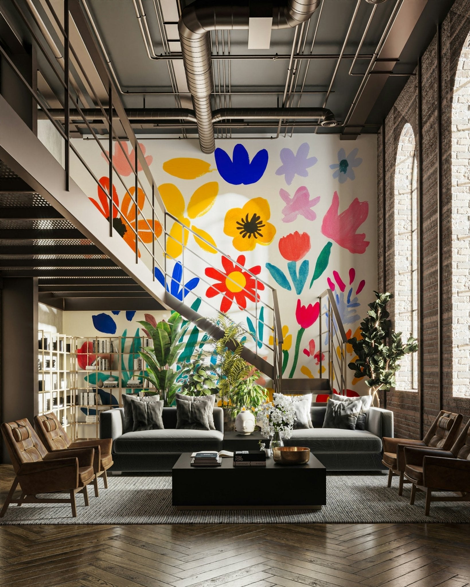 Living room mural with expressive Matisse flower art


