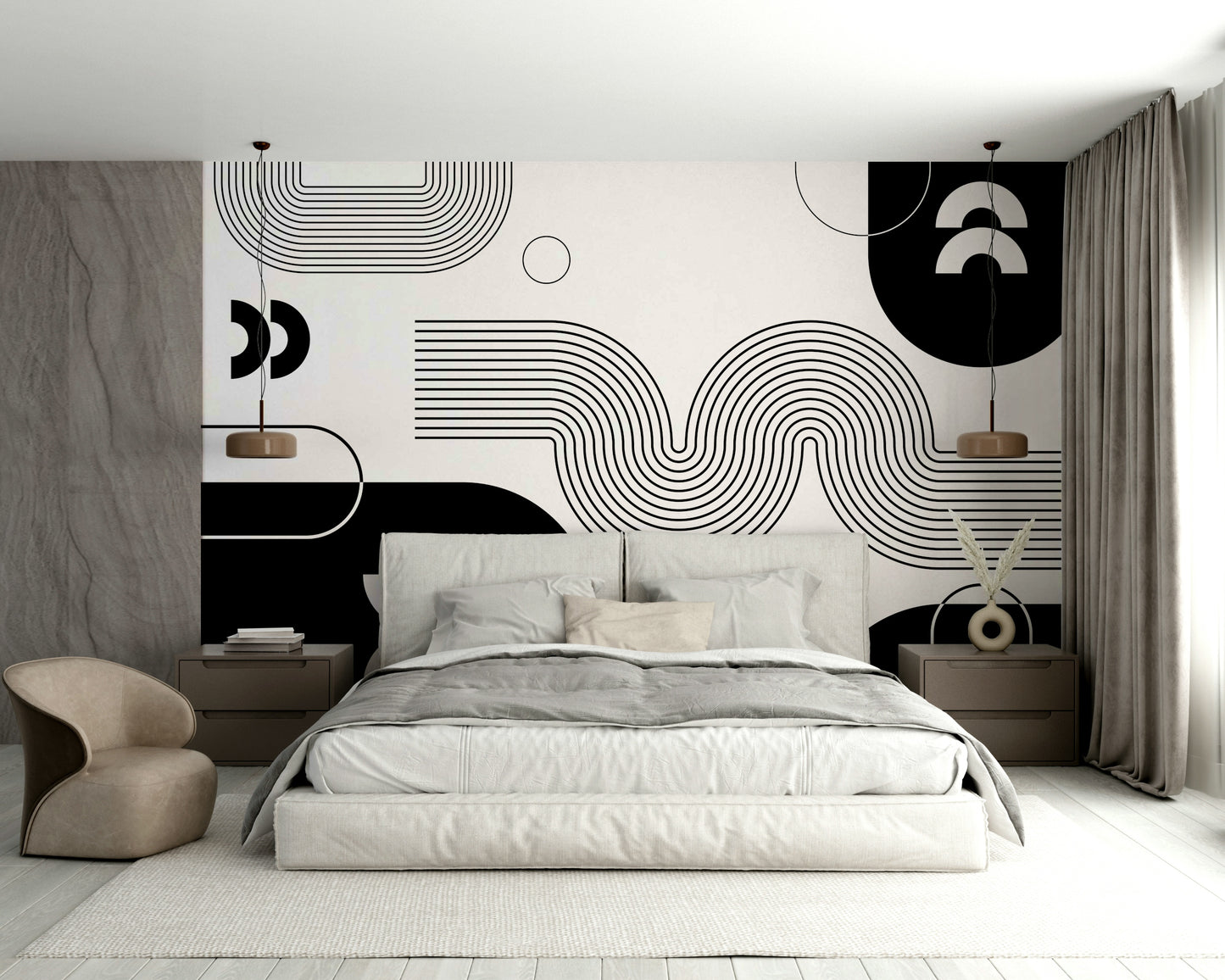 Living room with bold minimalist wall mural


