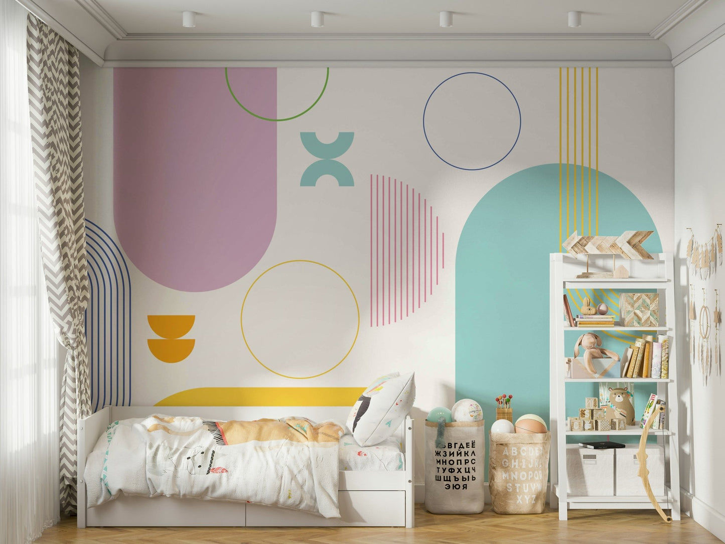 Minimalist wall mural with bold patterns

