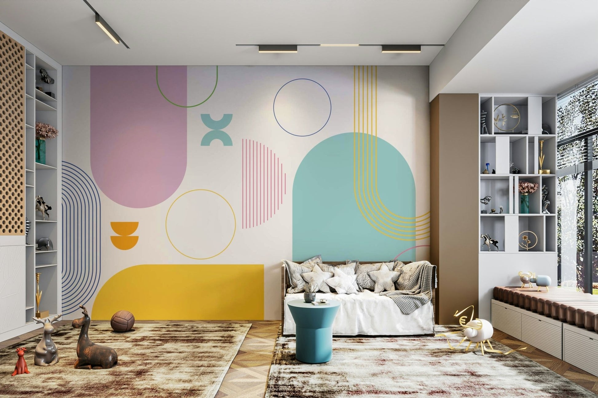 Eye-catching geometric mural for living spaces


