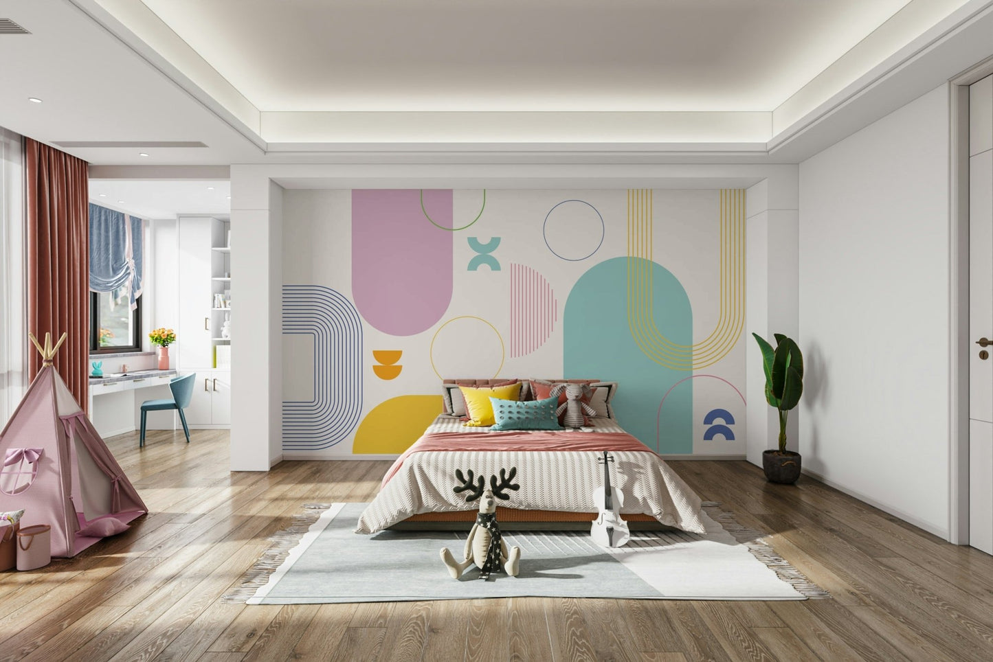 Graphic wall mural with bold linear elements

