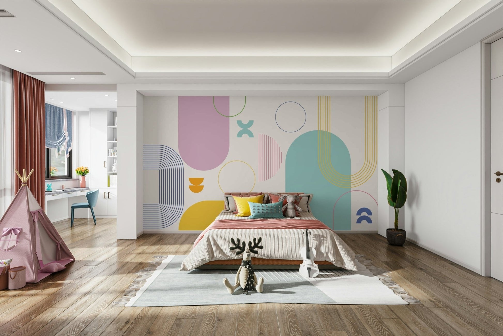 Graphic wall mural with bold linear elements

