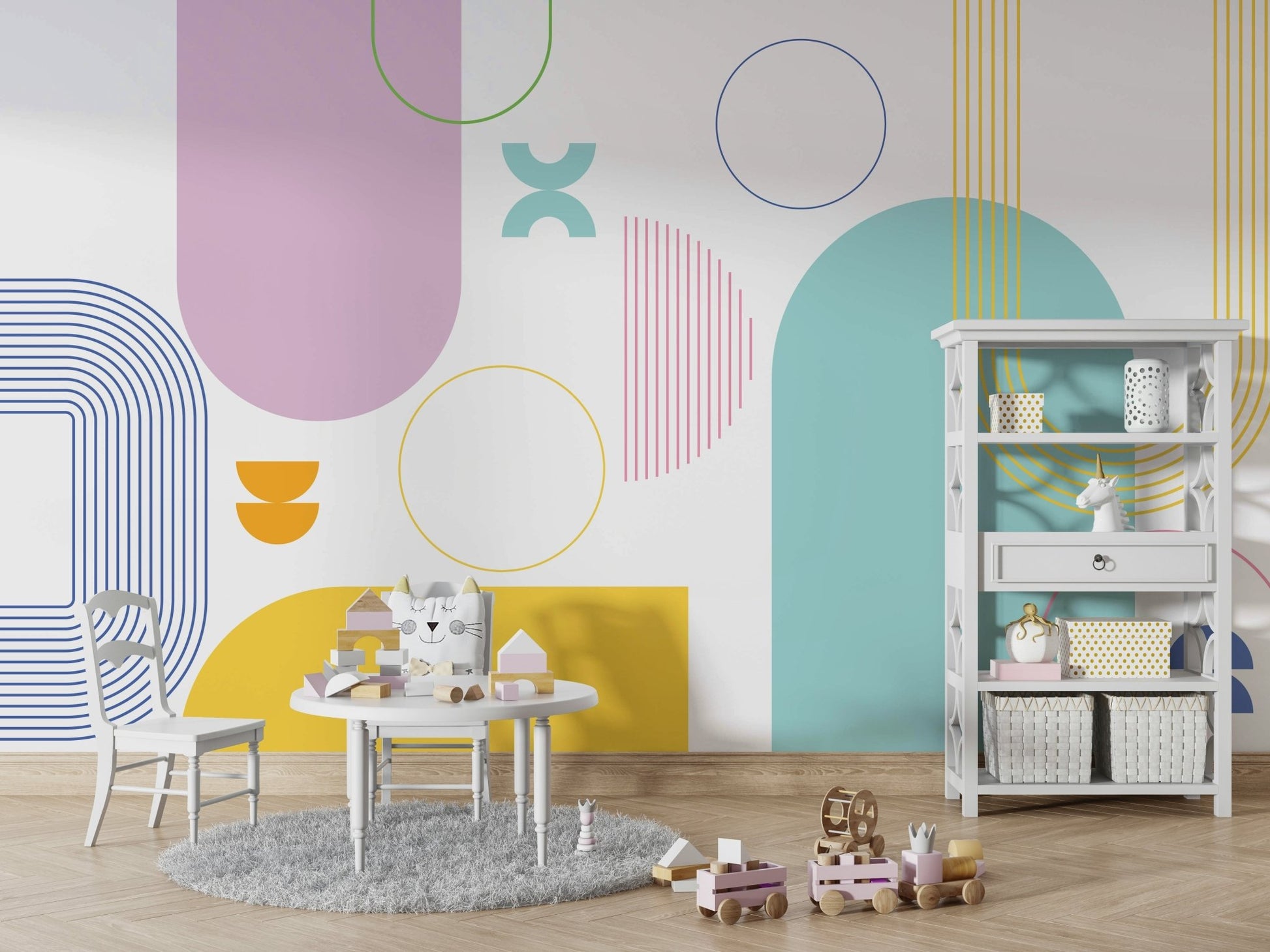 Contemporary mural featuring geometric forms

