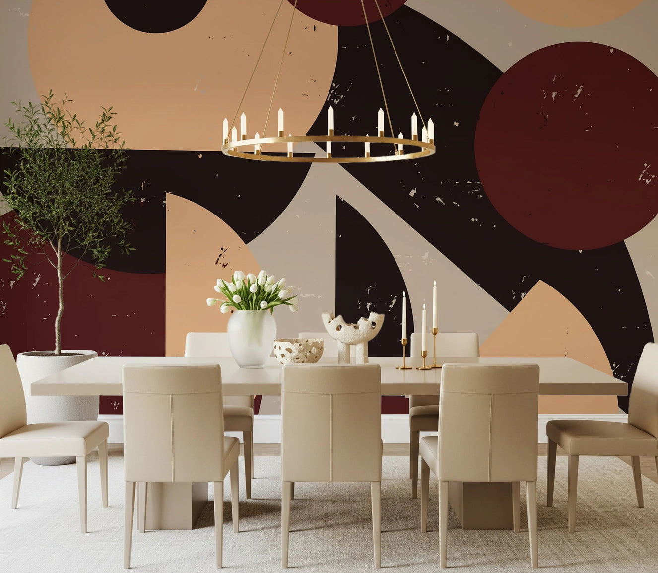 Bold Retro Earthy-toned Wall Mural adds warm abstract drama to a modern dining room