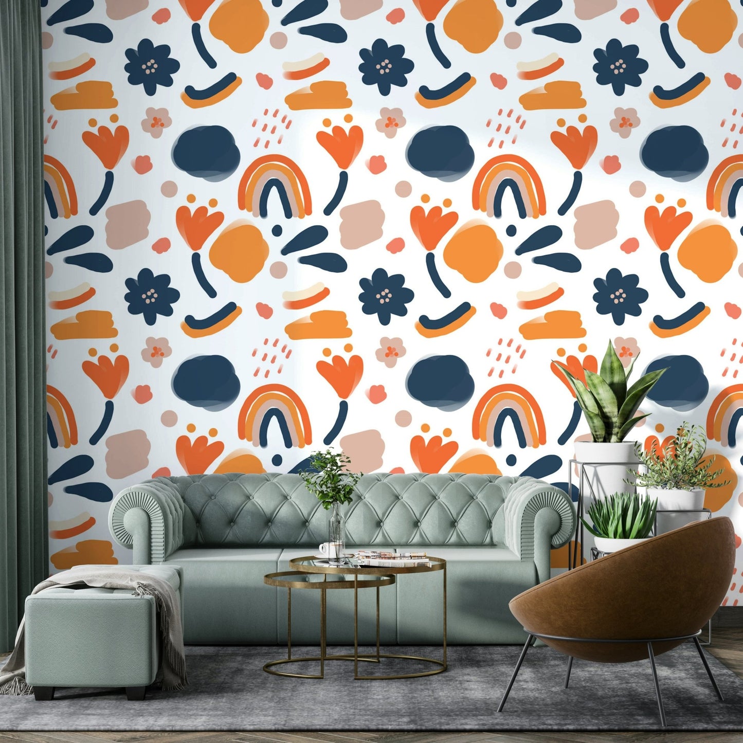 Retro-inspired floral wallpaper with bright hues, GD1812